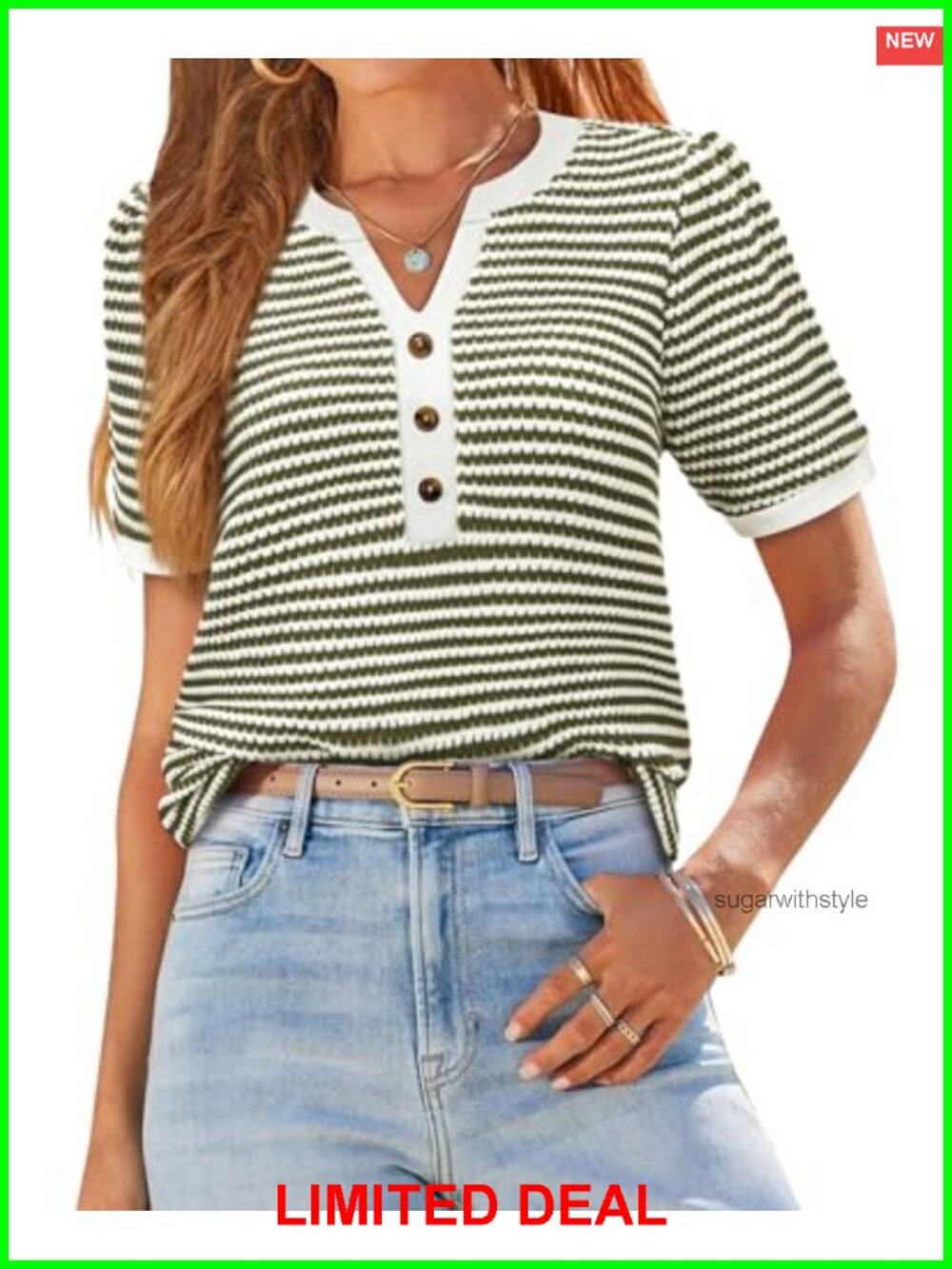 Women's Puff Short Sleeve Sweater Waffle Knit V-Neck Pullover Casual